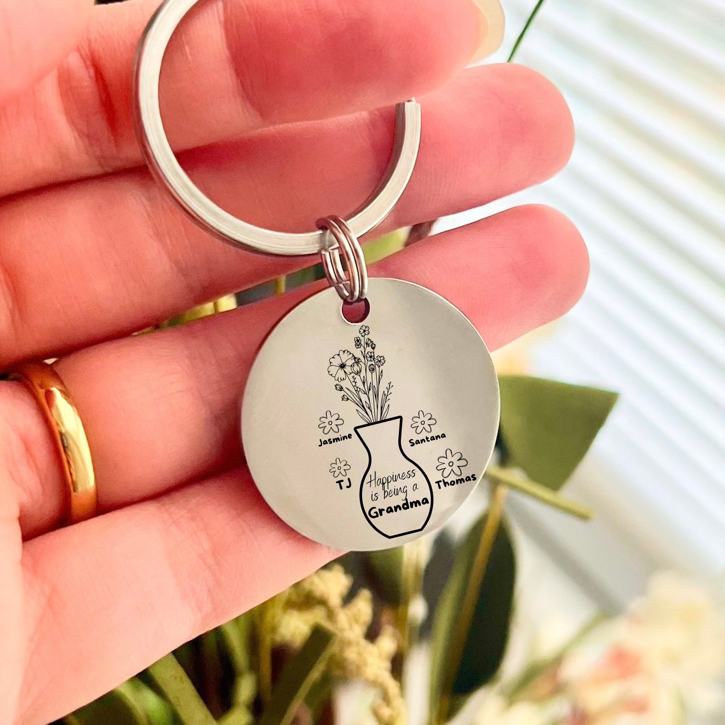 Personalized Grandma Keychain: Stainless Steel Flower Vase Gift