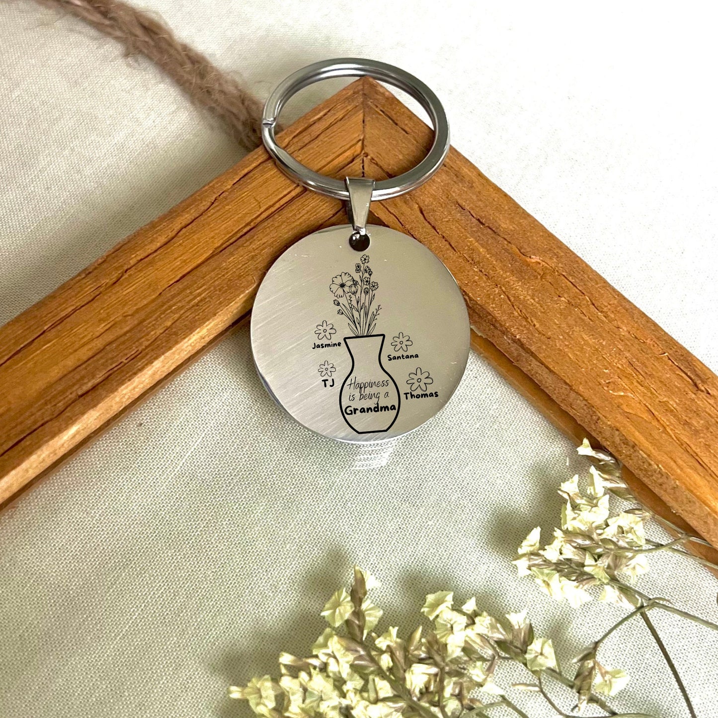 Personalized Grandma Keychain: Stainless Steel Flower Vase Gift