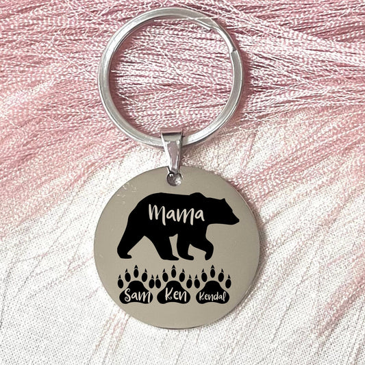 Stainless Steel Mama Bear Keychain - Personalized Mother's Day Gift - Custom Christmas Mother Gift
