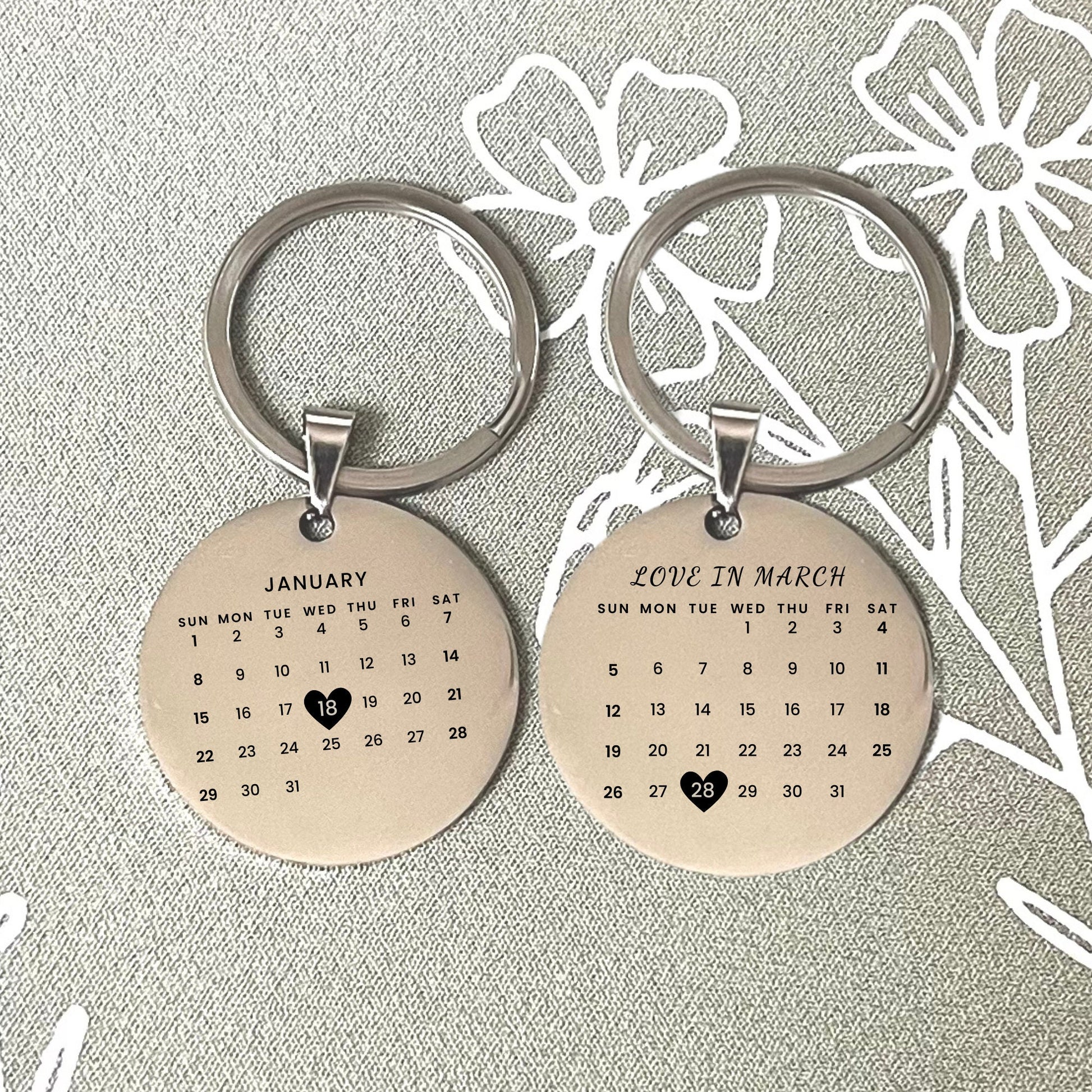 Personalized Stainless Steel Calendar Keychain - Save the Date Gift