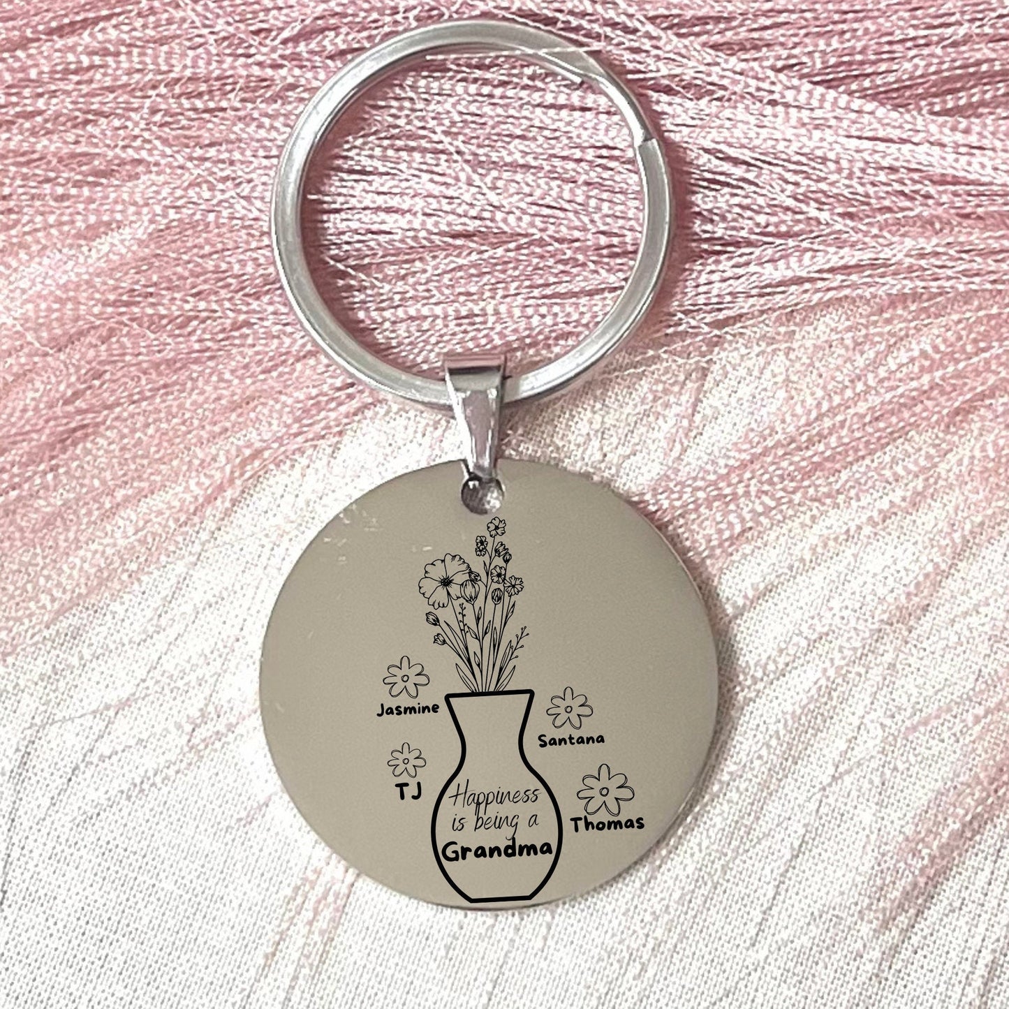 Personalized Grandma Keychain: Stainless Steel Flower Vase Gift