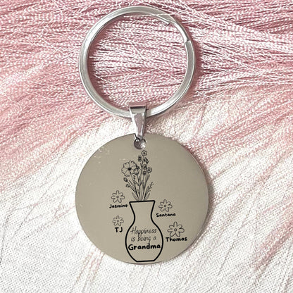 Personalized Grandma Keychain: Stainless Steel Flower Vase Gift