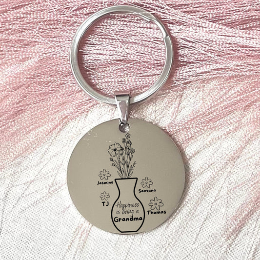 Personalized Grandma Keychain: Stainless Steel Flower Vase Gift
