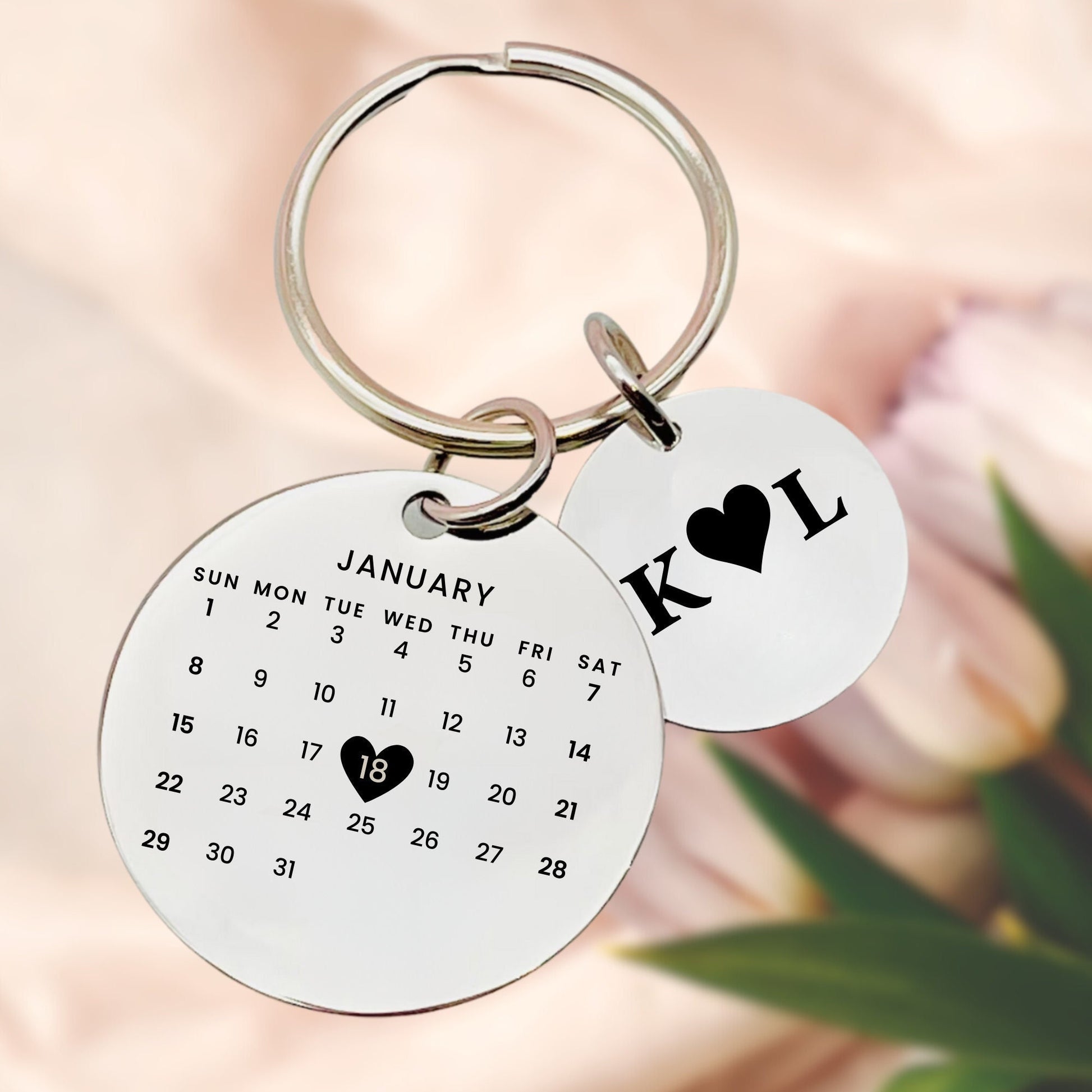 Personalized Stainless Steel Calendar Keychain - Save the Date Gift