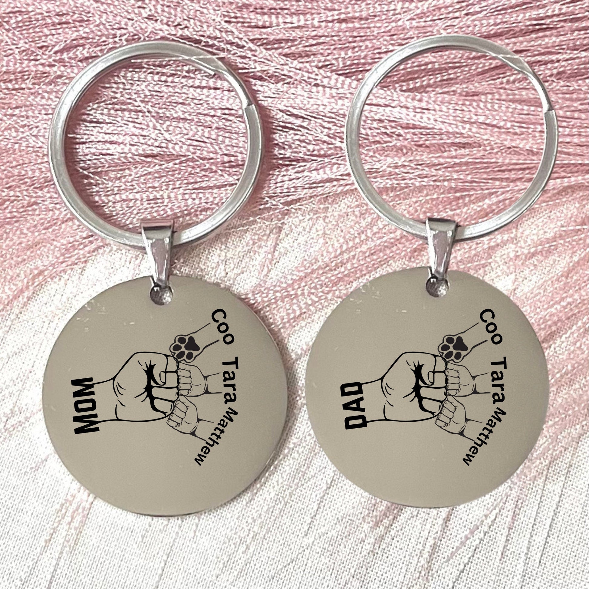 Personalized Fist Bump Keychain: Custom Mom, Dad & Paw Print Stainless Steel Gift