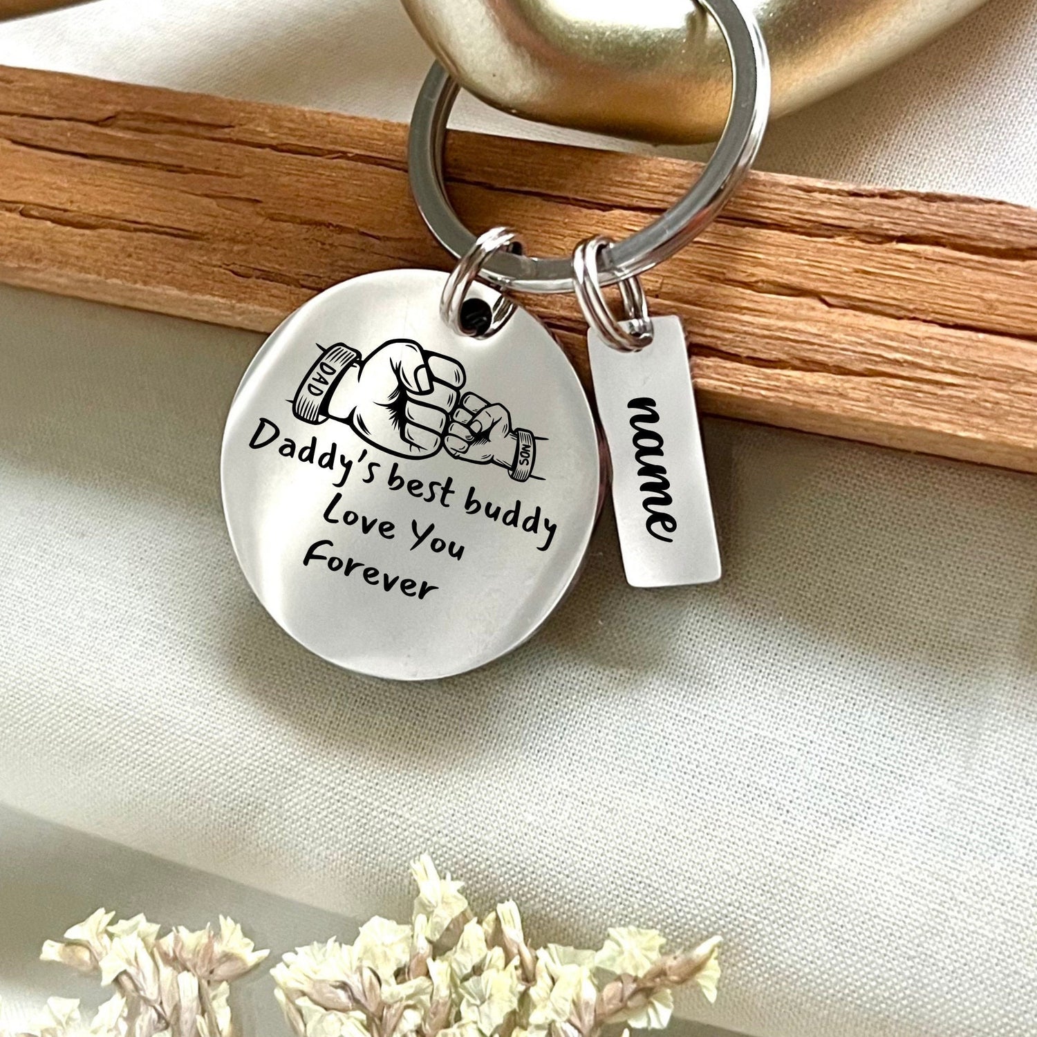 Custom Dad Son Fist Bump Stainless Steel Keychain - Personalized Daddy's Best Buddy Love You Forever Keychain - Father's Day Gift