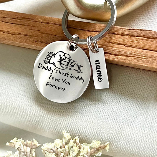Custom Dad Son Fist Bump Stainless Steel Keychain - Personalized Daddy's Best Buddy Love You Forever Keychain - Father's Day Gift