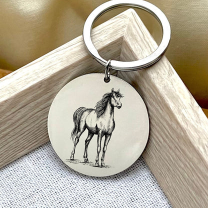 Personalized Horse Drawing Keychain: Elegant Stainless Steel Keyring