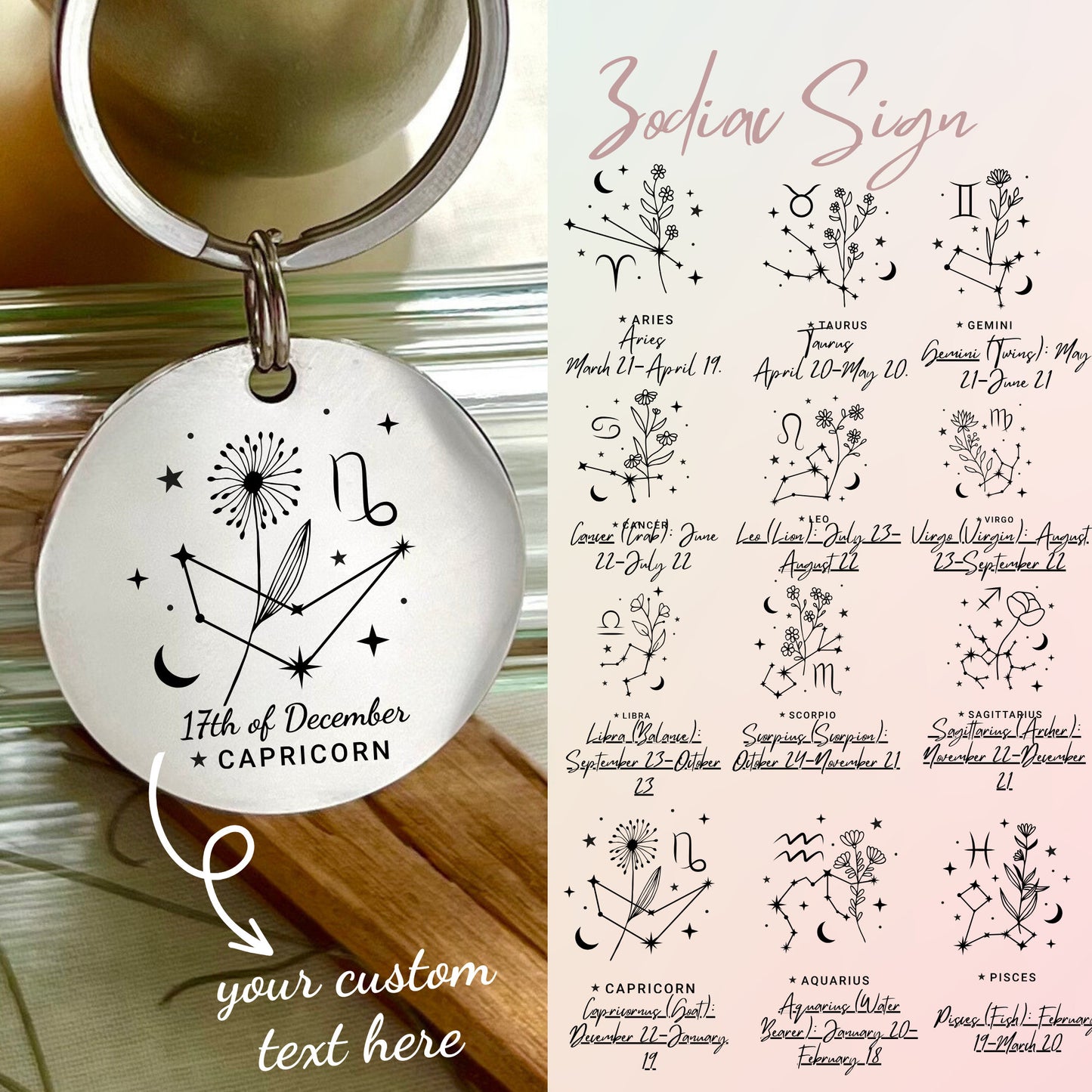 Personalized Birth Flower Zodiac Stainless Steel Keychain: Custom Celestial Gift