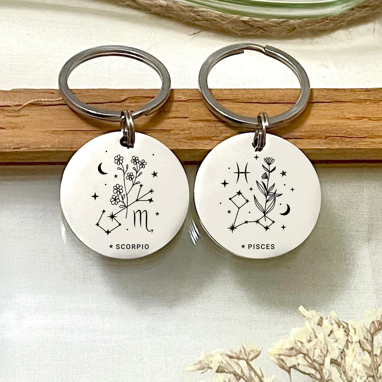 Personalized Birth Flower Zodiac Stainless Steel Keychain: Custom Celestial Gift