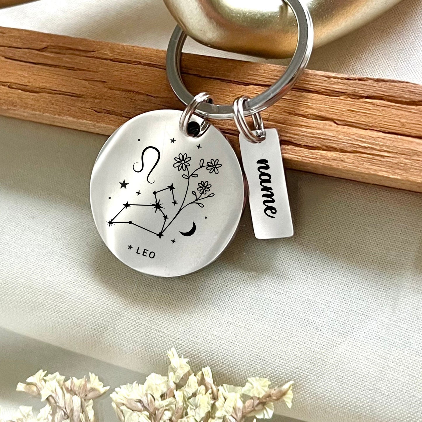 Personalized Birth Flower Zodiac Stainless Steel Keychain: Custom Celestial Gift