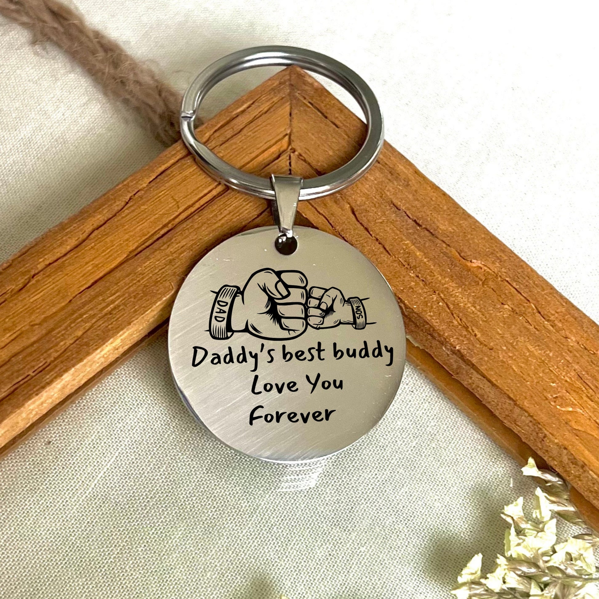 Custom Dad Son Fist Bump Stainless Steel Keychain - Personalized Daddy's Best Buddy Love You Forever Keychain - Father's Day Gift