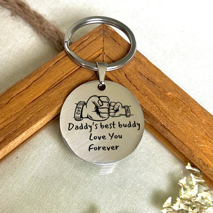 Custom Dad Son Fist Bump Stainless Steel Keychain - Personalized Daddy's Best Buddy Love You Forever Keychain - Father's Day Gift