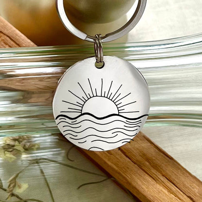 Personalized Sun & Ocean Stainless Steel Keychain - Nature Lover Gift