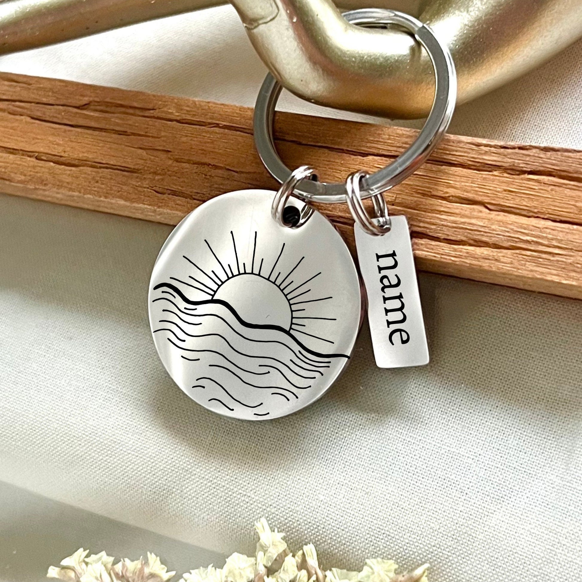 Personalized Sun & Ocean Stainless Steel Keychain - Nature Lover Gift