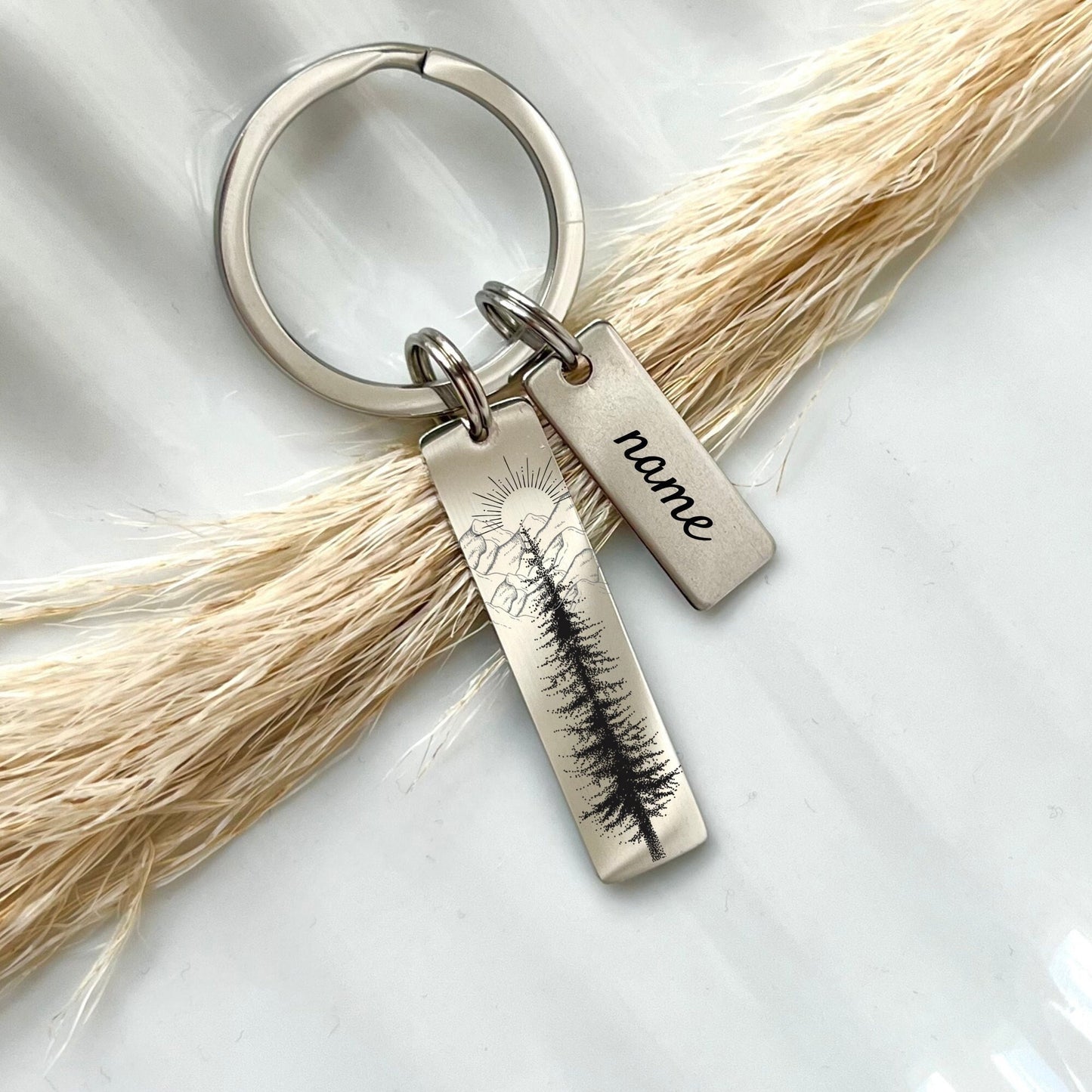 Custom Stainless Steel Keychain: Pine Tree, Mountain, Sun - Nature Lover Keyring