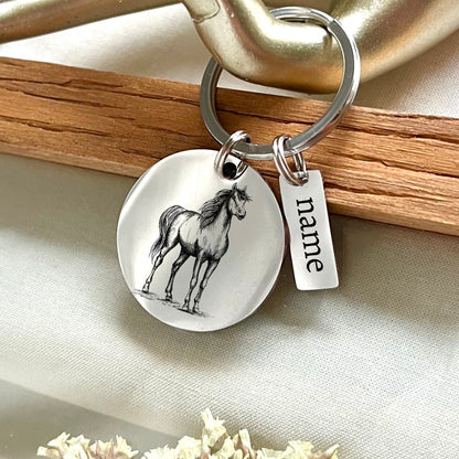 Personalized Horse Drawing Keychain: Elegant Stainless Steel Keyring