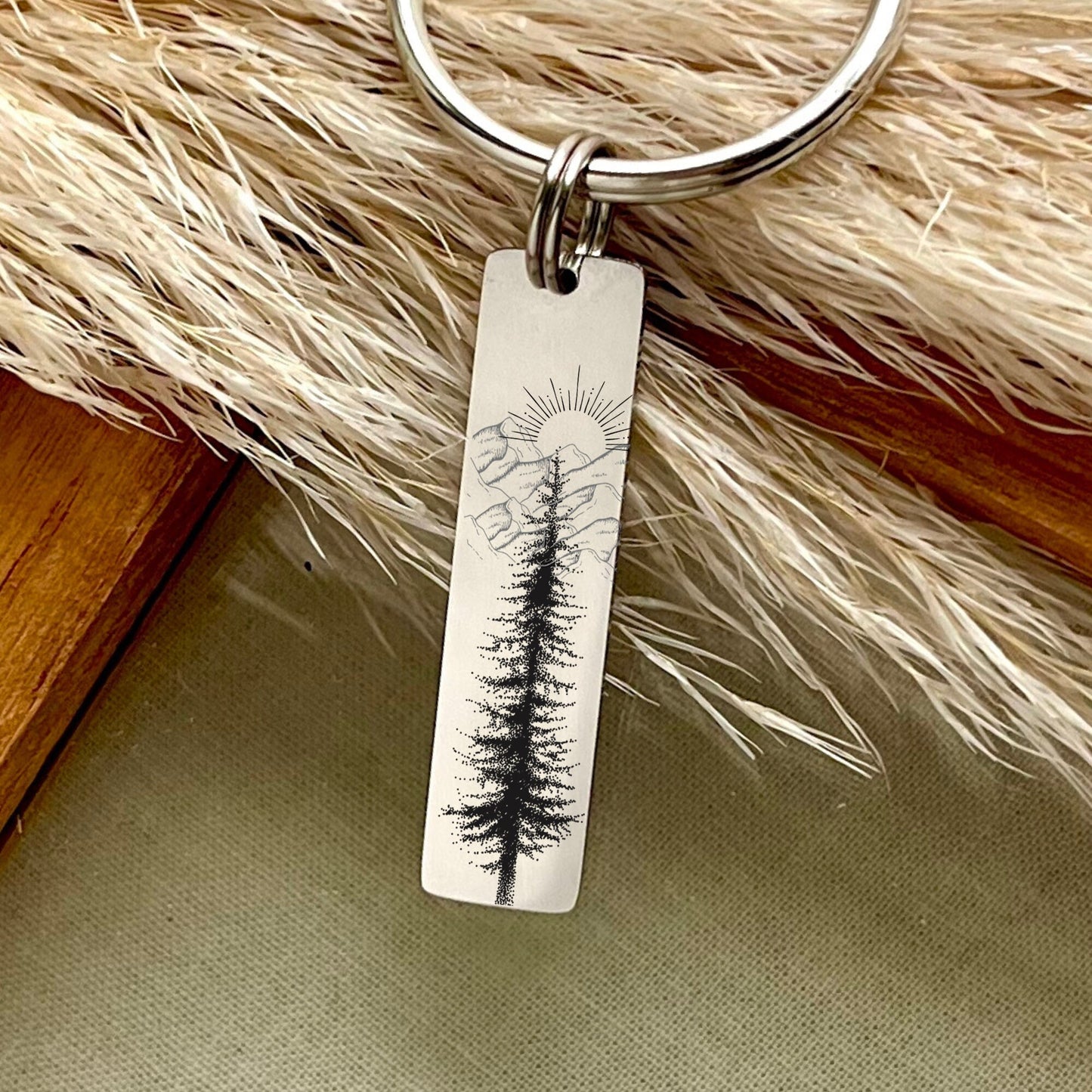 Custom Stainless Steel Keychain: Pine Tree, Mountain, Sun - Nature Lover Keyring