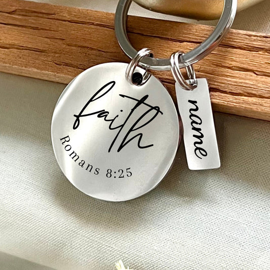 Personalized Romans 8 25 Stainless Steel Keychain - Custom Faith Keyring - Custom Religious Reminder Charm - Christmas Gift