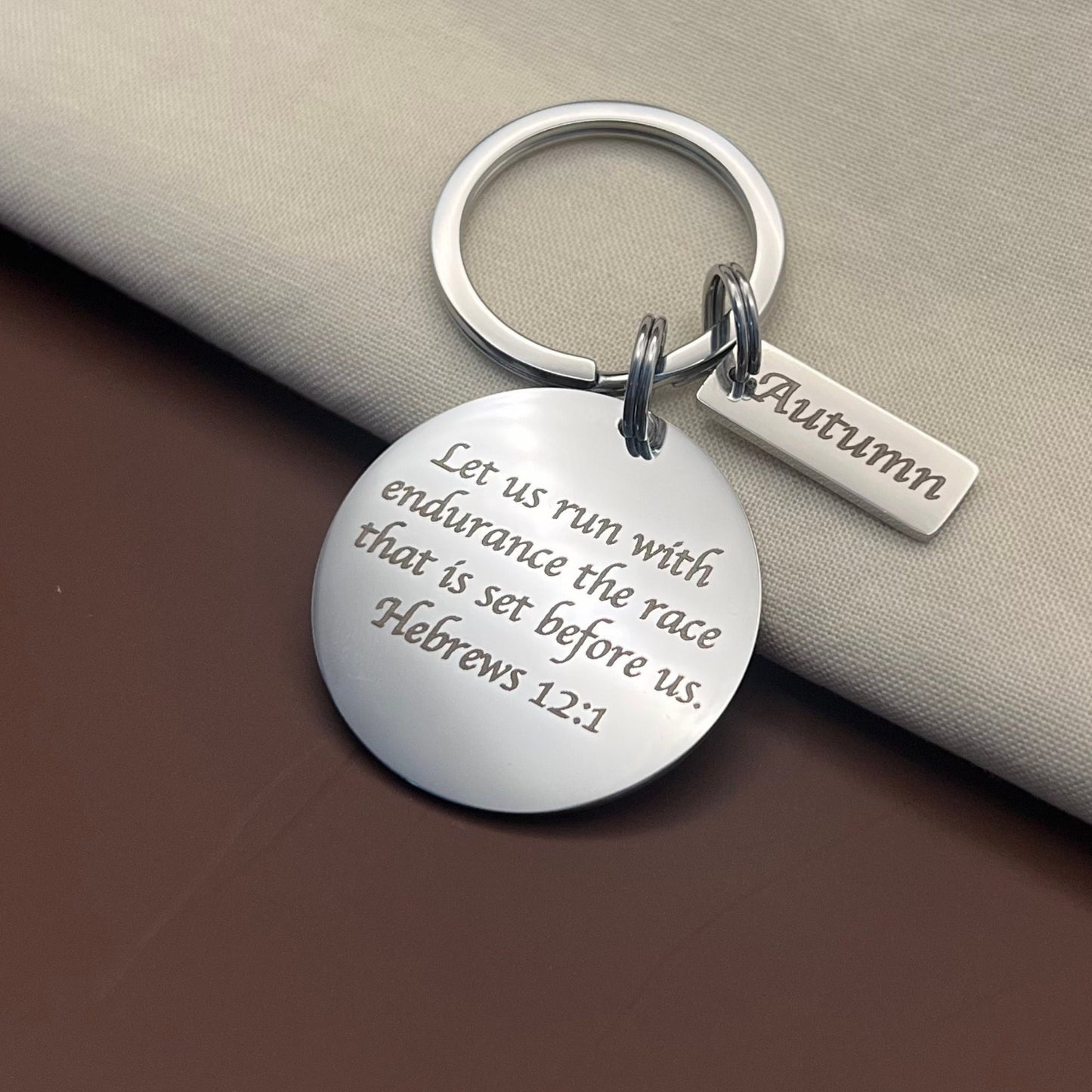 Custom Bible Verse Stainless Steel Keychain - Personalized Hebrews 12 1 Keychain - Custom Inspirational Charm - Christmas Gift