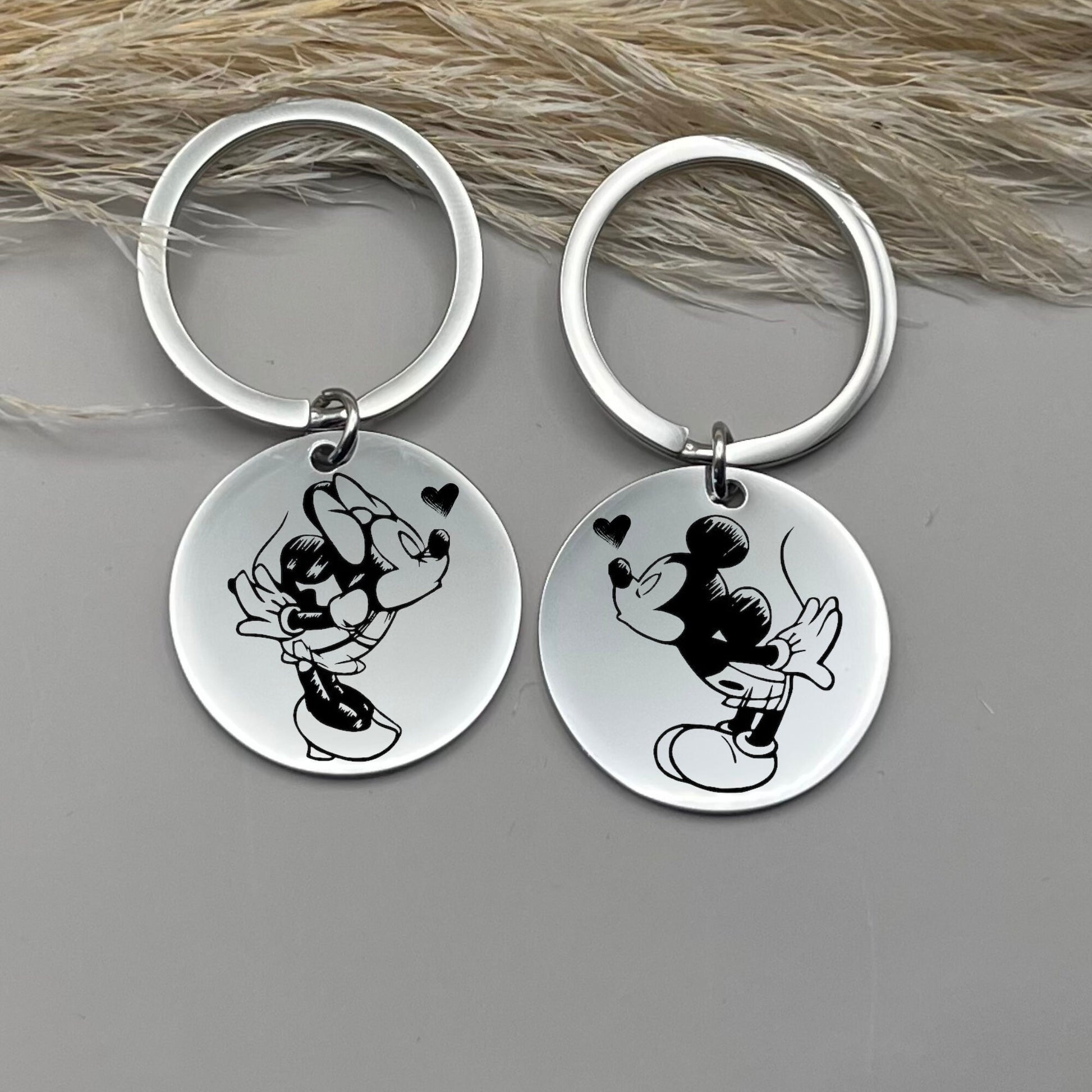 Custom Mickey and Minnie Mouse Stainless Steel Couple Keychain Set