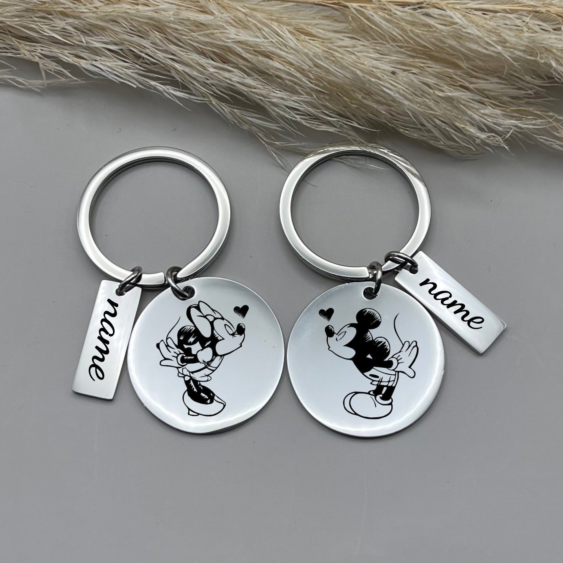 Custom Mickey and Minnie Mouse Stainless Steel Couple Keychain Set