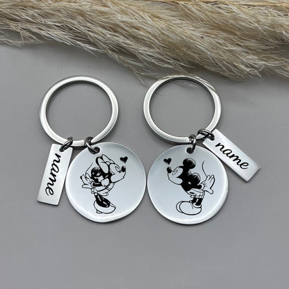 Custom Mickey and Minnie Mouse Stainless Steel Couple Keychain Set