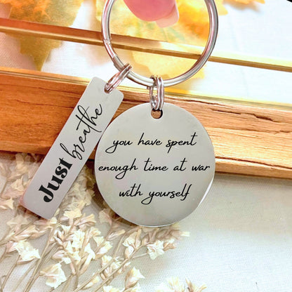 Personalized Just Breathe Stainless Steel Keychain - Custom Self Love Reminder Keyring - Custom Mindful Gift