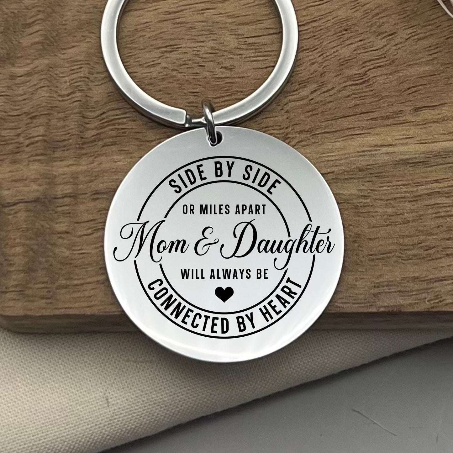 Custom Mom And Daughter Will Always Be Connected By Heart Stainless Steel Keychain - Personalized Mother's Day Gift