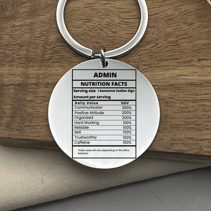 Custom Admin Nutrition Facts Keychain: Personalized Stainless Steel Gift