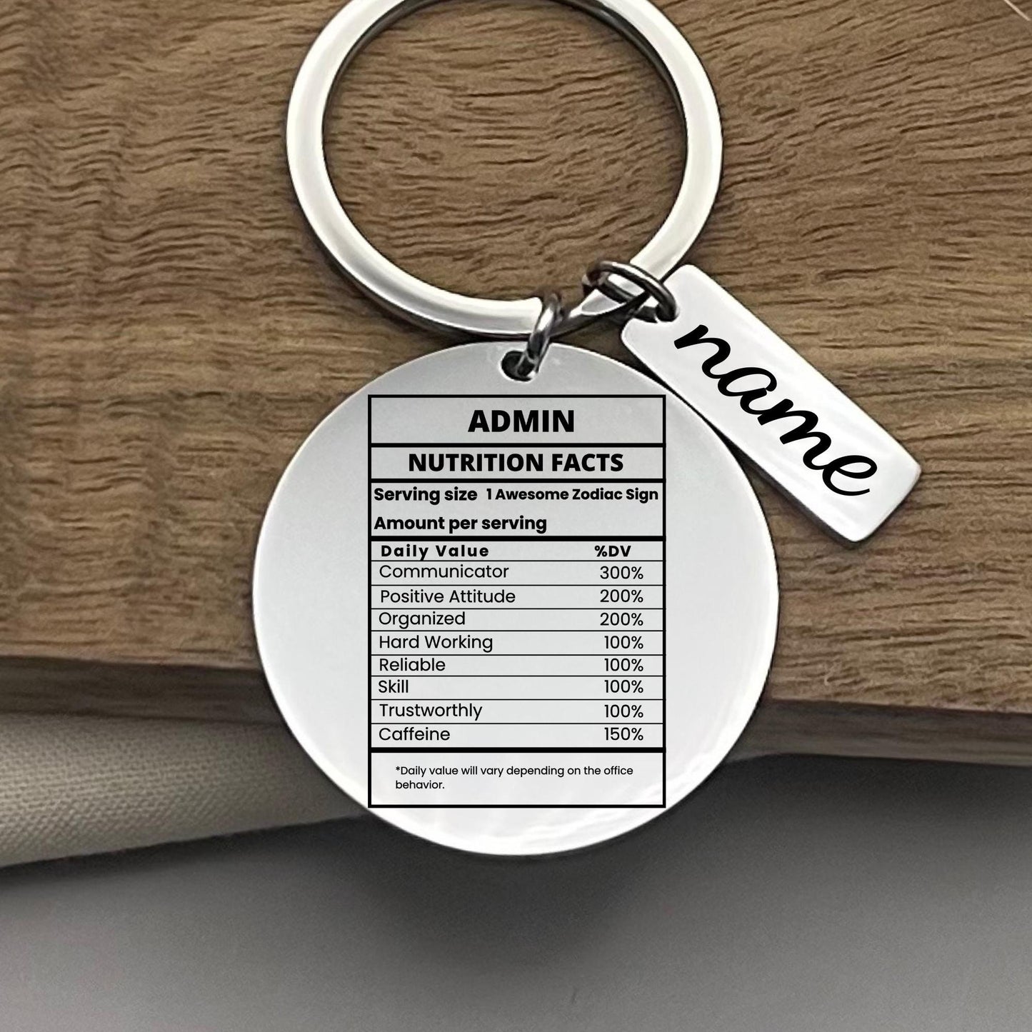Custom Admin Nutrition Facts Keychain: Personalized Stainless Steel Gift