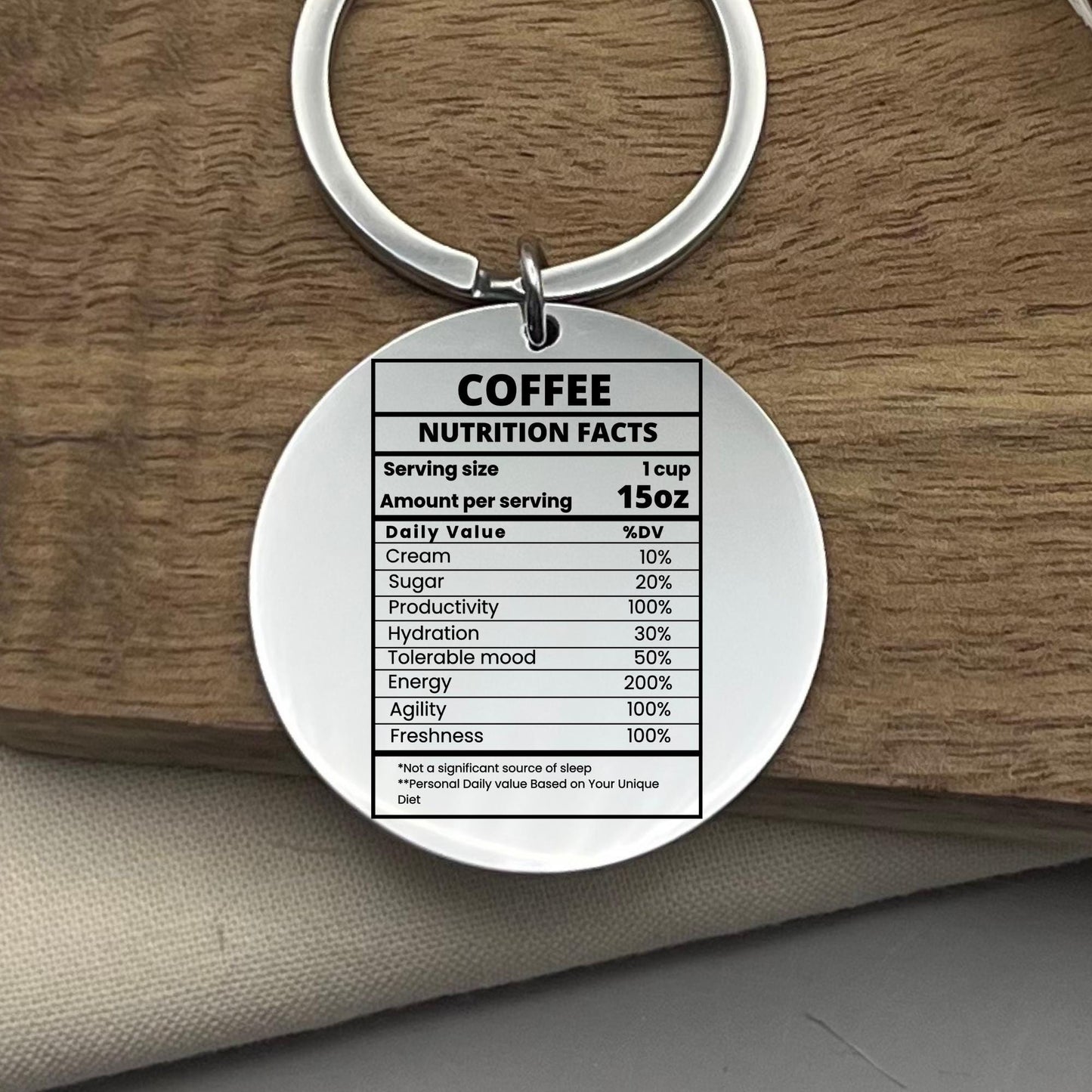 Personalized Coffee Nutrition Facts Keychain - Stainless Steel Coffee Lover Gift