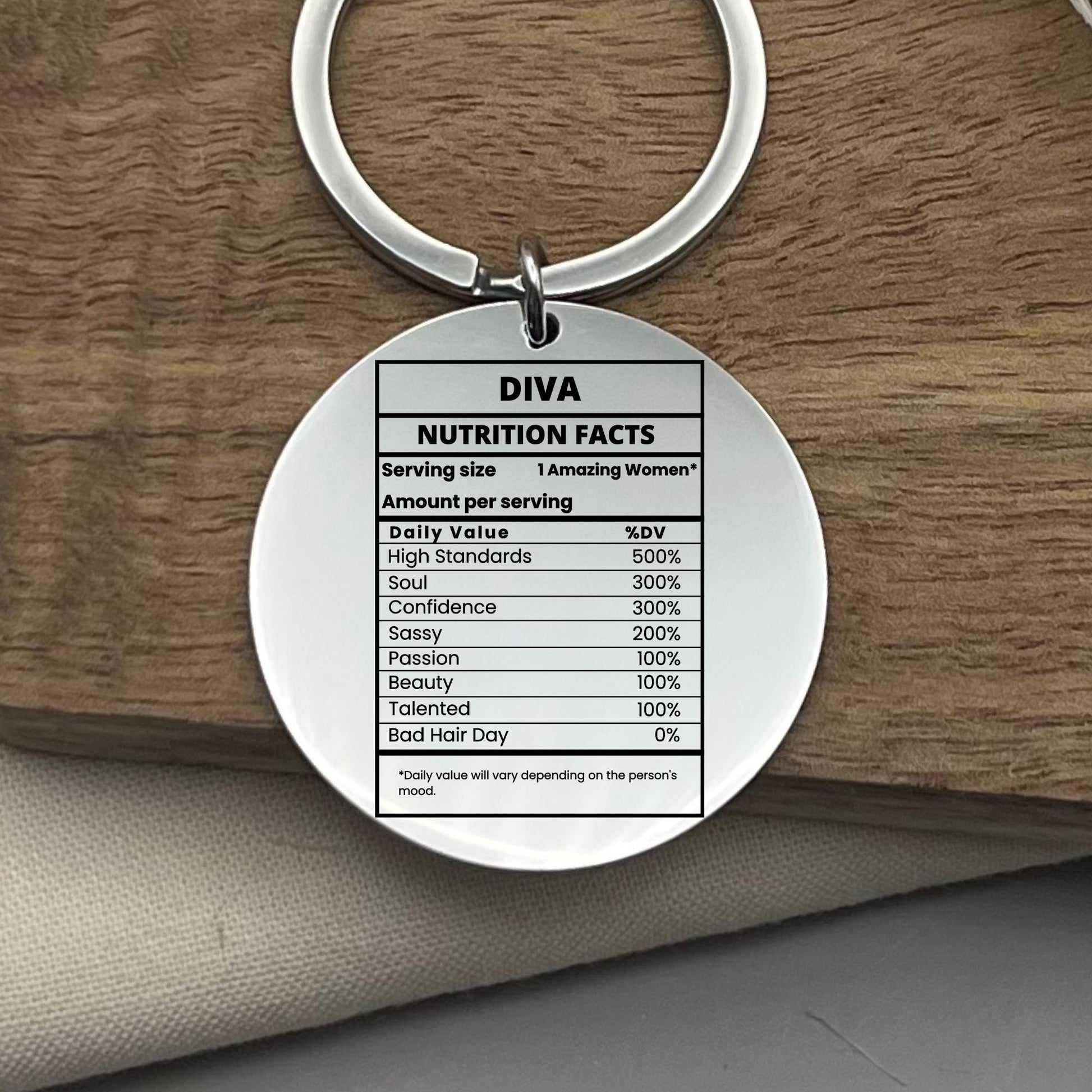 Custom Diva Nutrition Facts Keychain - Personalized Stainless Steel Gift
