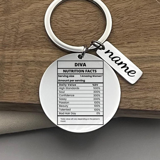Custom Diva Nutrition Facts Keychain - Personalized Stainless Steel Gift