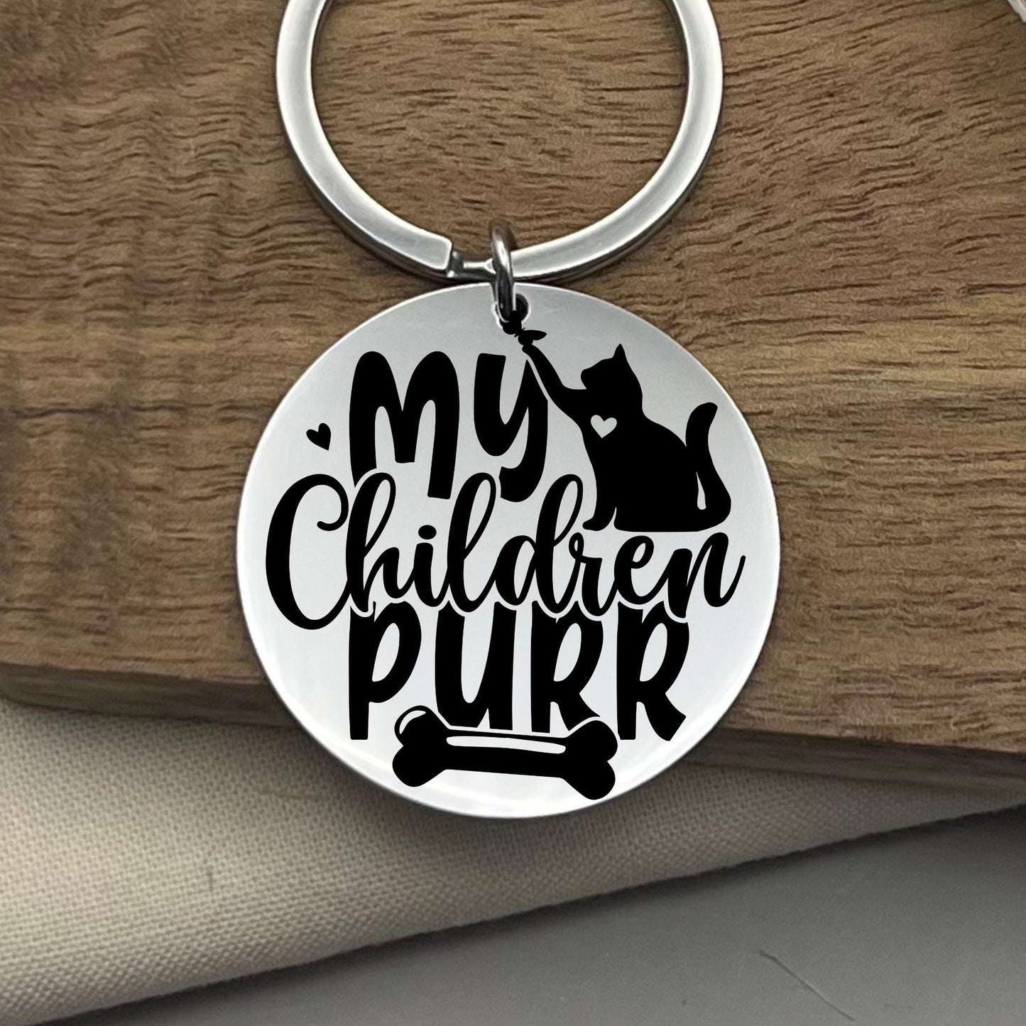 Personalized Cat Mom Keychain: My Children Purr - Stainless Steel Keyring