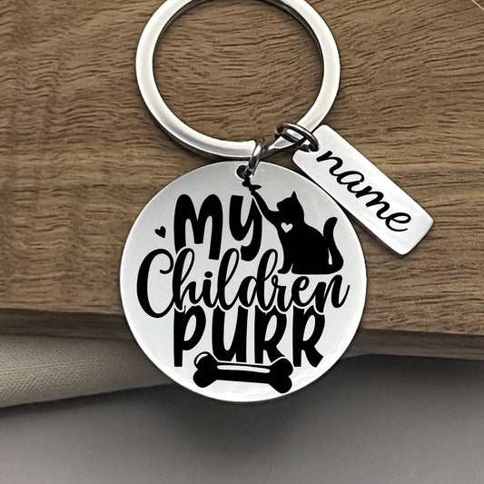 Personalized Cat Mom Keychain: My Children Purr - Stainless Steel Keyring